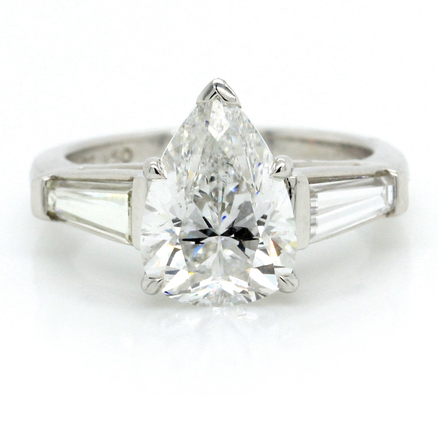 Platinum Three-Stone Pear and Baguette Sides Engagement Ring