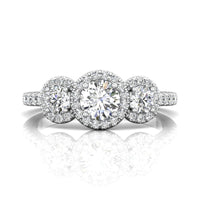 18K White Gold Three-Stone Halo Engagement Ring