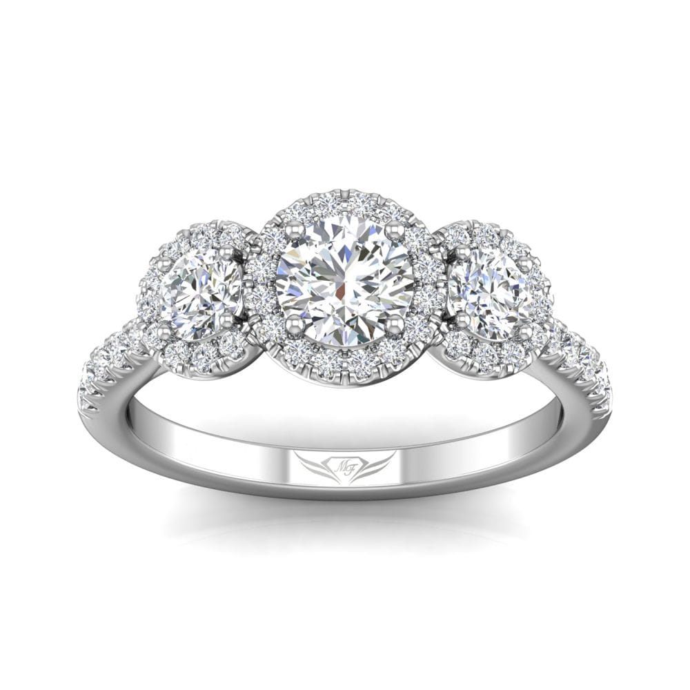 18K White Gold Three-Stone Halo Engagement Ring