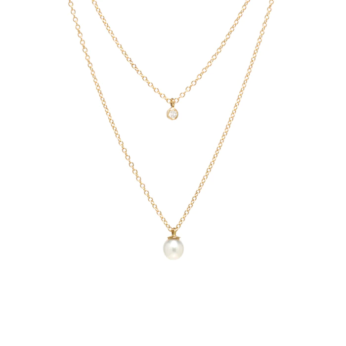 14K Yellow Gold Double Chain Pearl and Diamond Necklace, 14k yellow gold, Long's Jewelers