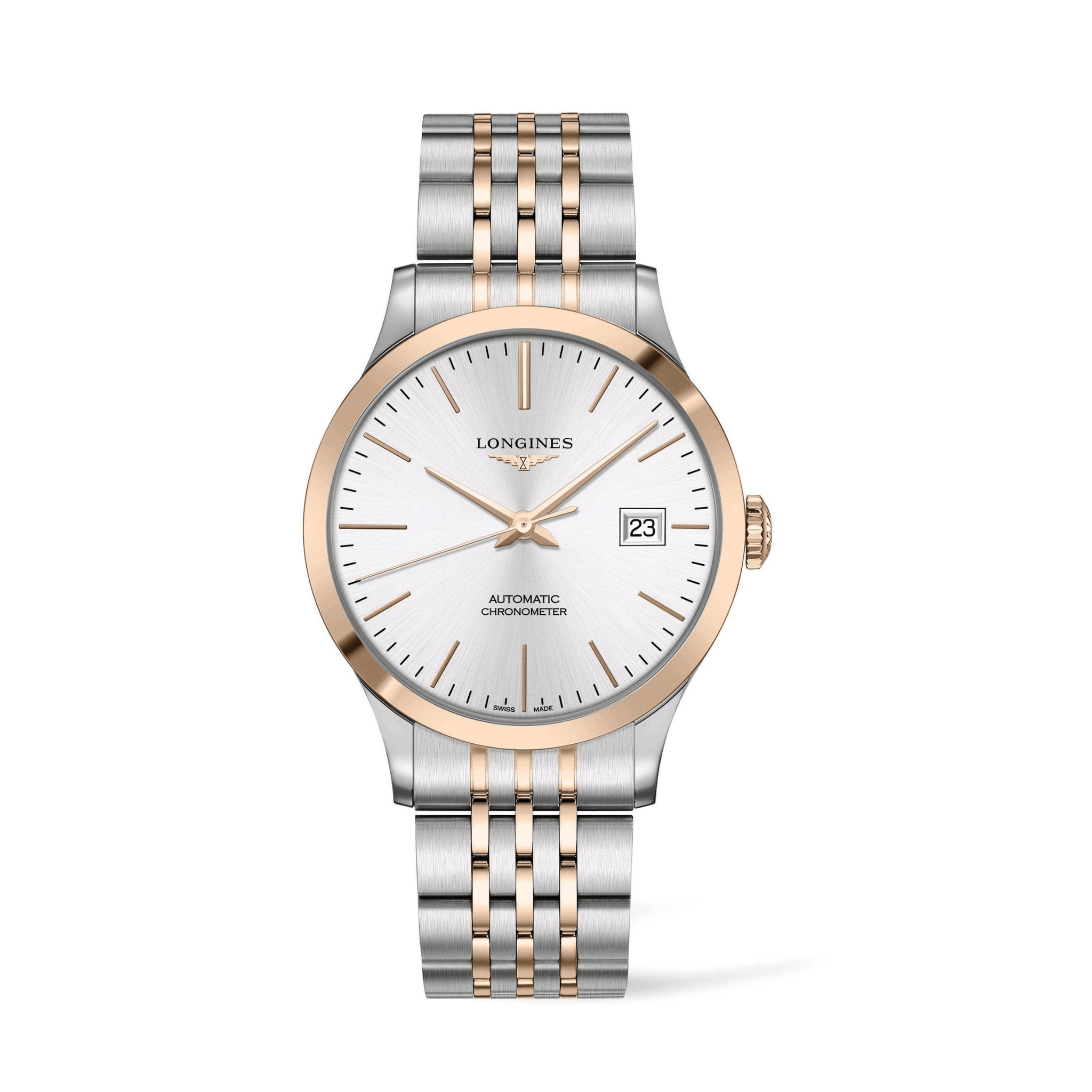 Longines Record Automatic Stainless Steel and Rose Gold Silver Dial Watch L2.821.5.72.7