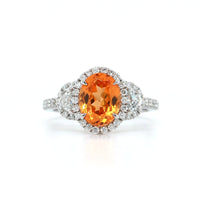 18K White Gold Mandarin Garnet Diamond Halo Ring