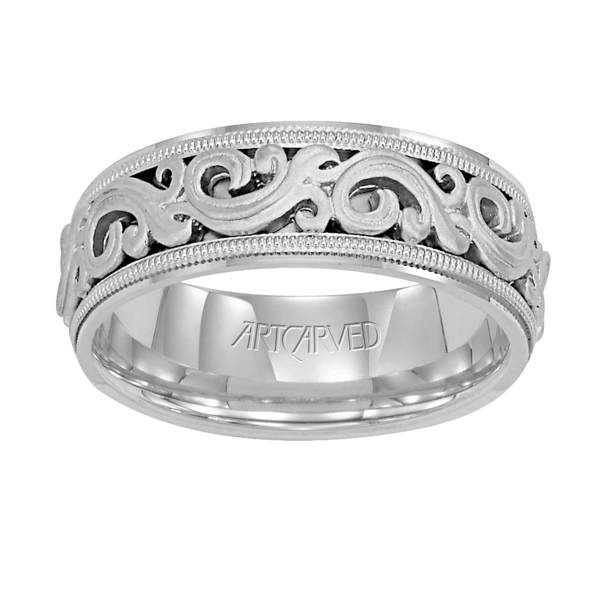14K White Gold Engraved Band