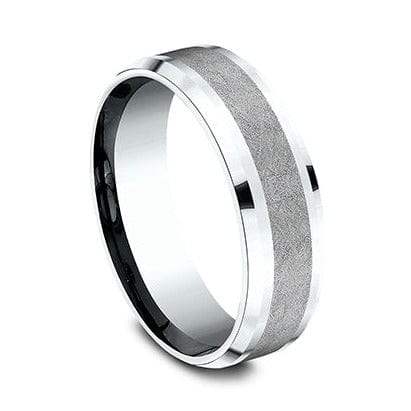 Grey Tantalum and 14k White Gold Band with A Swirl Finish and Drop Bevel Edges