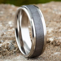 Grey Tantalum and 14k White Gold Band with A Swirl Finish and Drop Bevel Edges