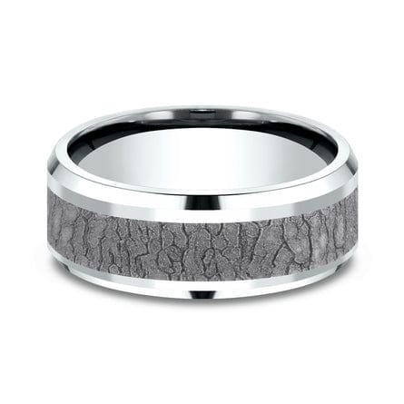 Grey Tantalum Bark Center 14k White Gold Edge Band, Tantalum and 14k white gold, Long's Jewelers