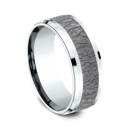 Grey Tantalum Bark Center 14k White Gold Edge Band, Tantalum and 14k white gold, Long's Jewelers
