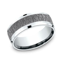 Grey Tantalum Bark Center 14k White Gold Edge Band, Tantalum and 14k white gold, Long's Jewelers