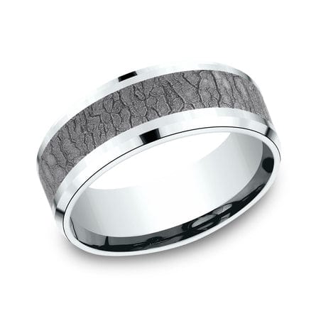 Grey Tantalum Bark Center 14k White Gold Edge Band, Tantalum and 14k white gold, Long's Jewelers