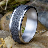 Grey Tantalum Bark Center 14k White Gold Edge Band, Tantalum and 14k white gold, Long's Jewelers