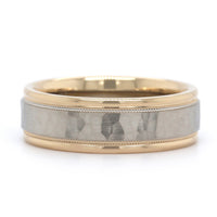 14K Two-Tone Hammered Center with Milgrain Band
