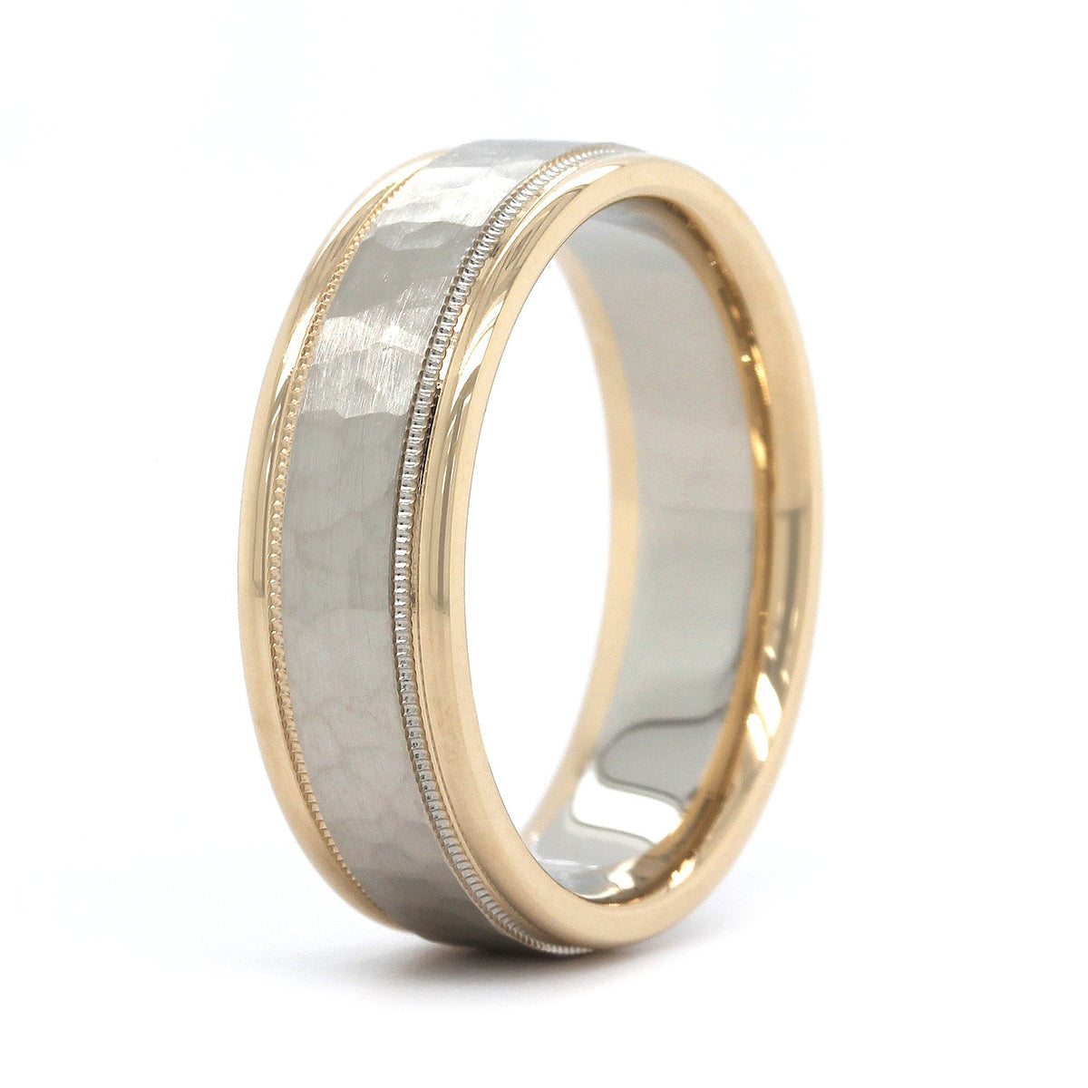 14K Two-Tone Hammered Center with Milgrain Band