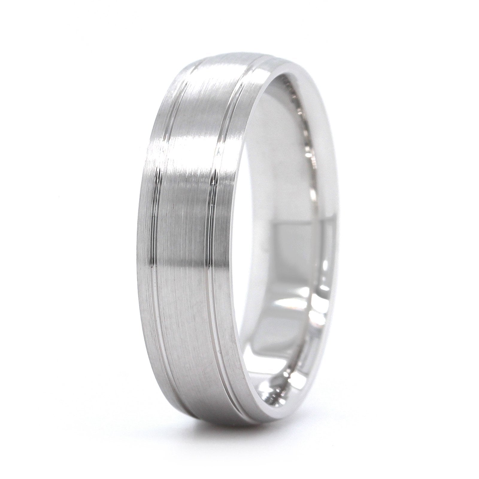 14K White Gold Satin Center with Groove Edge Band
