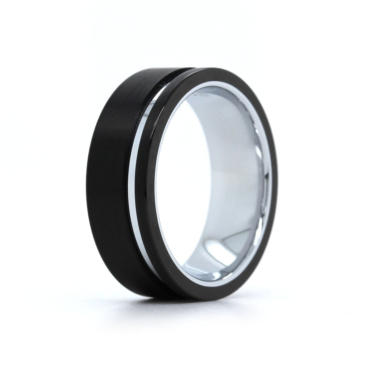 Black Tungsten with White Tungsten Stripe Band