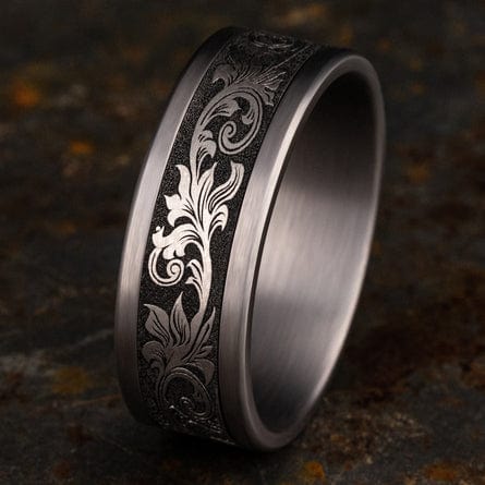 Grey Tantalum Vintage Script Design Band, Tantalum, Long's Jewelers