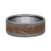 14K Rose Gold Feather Design Center Grey Tantalum Edge Band, Tantalum and 14k rose gold, Long's Jewelers