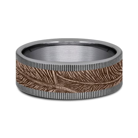 14K Rose Gold Feather Design Center Grey Tantalum Edge Band, Tantalum and 14k rose gold, Long's Jewelers