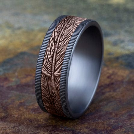 14K Rose Gold Feather Design Center Grey Tantalum Edge Band, Tantalum and 14k rose gold, Long's Jewelers