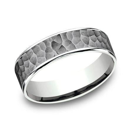 Grey Tantalum Hammered Center 14K White Gold Edge Band, Tantalum and 14k white gold, Long's Jewelers