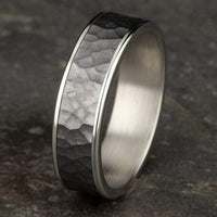 Grey Tantalum Hammered Center 14K White Gold Edge Band, Tantalum and 14k white gold, Long's Jewelers