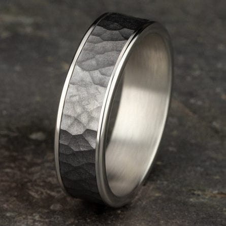 Grey Tantalum Hammered Center 14K White Gold Edge Band, Tantalum and 14k white gold, Long's Jewelers