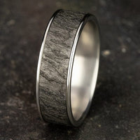 Grey Tantalum Lava Rock Center 14K White Gold Edge Band, Tantalum and 14k white gold, Long's Jewelers