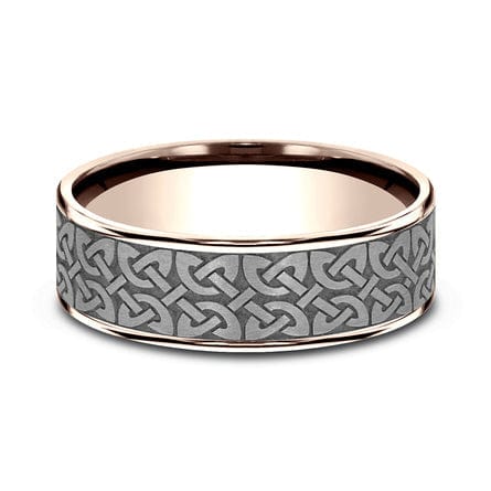 Grey Tantalum Quaternary Knot Center 14K Rose Gold Edge Band, Tantalum and 14k rose gold, Long's Jewelers