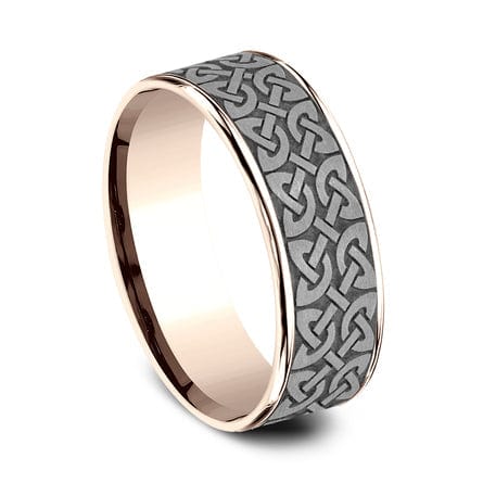 Grey Tantalum Quaternary Knot Center 14K Rose Gold Edge Band, Tantalum and 14k rose gold, Long's Jewelers