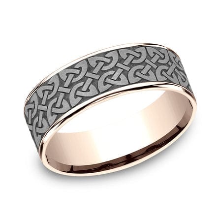 Grey Tantalum Quaternary Knot Center 14K Rose Gold Edge Band, Tantalum and 14k rose gold, Long's Jewelers