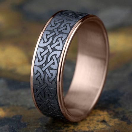 Grey Tantalum Quaternary Knot Center 14K Rose Gold Edge Band, Tantalum and 14k rose gold, Long's Jewelers