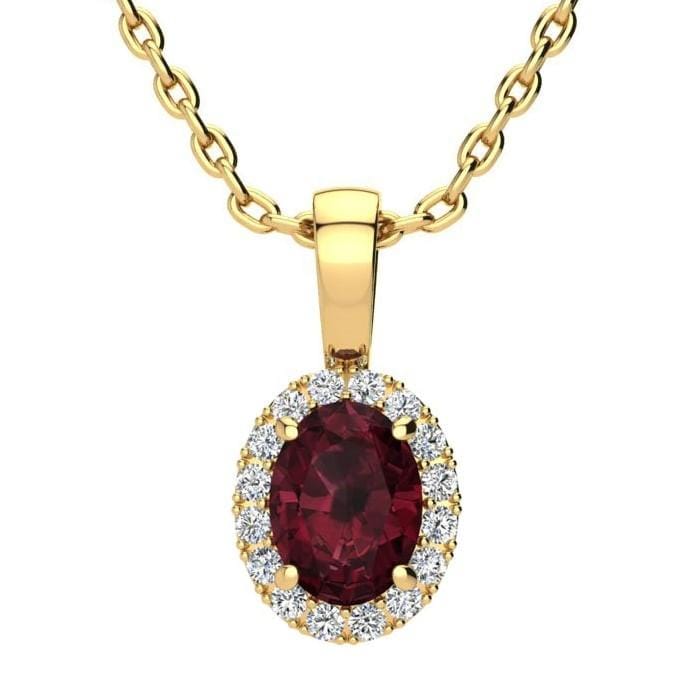 14K Yellow Gold Oval Garnet Diamond Halo Pendant