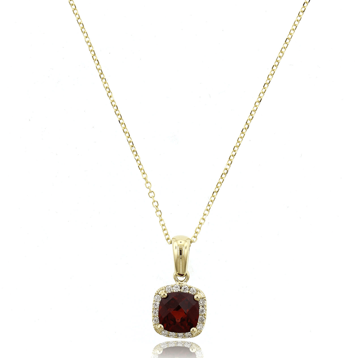 14K Yellow Gold Cushion Garnet Diamond Halo Necklace