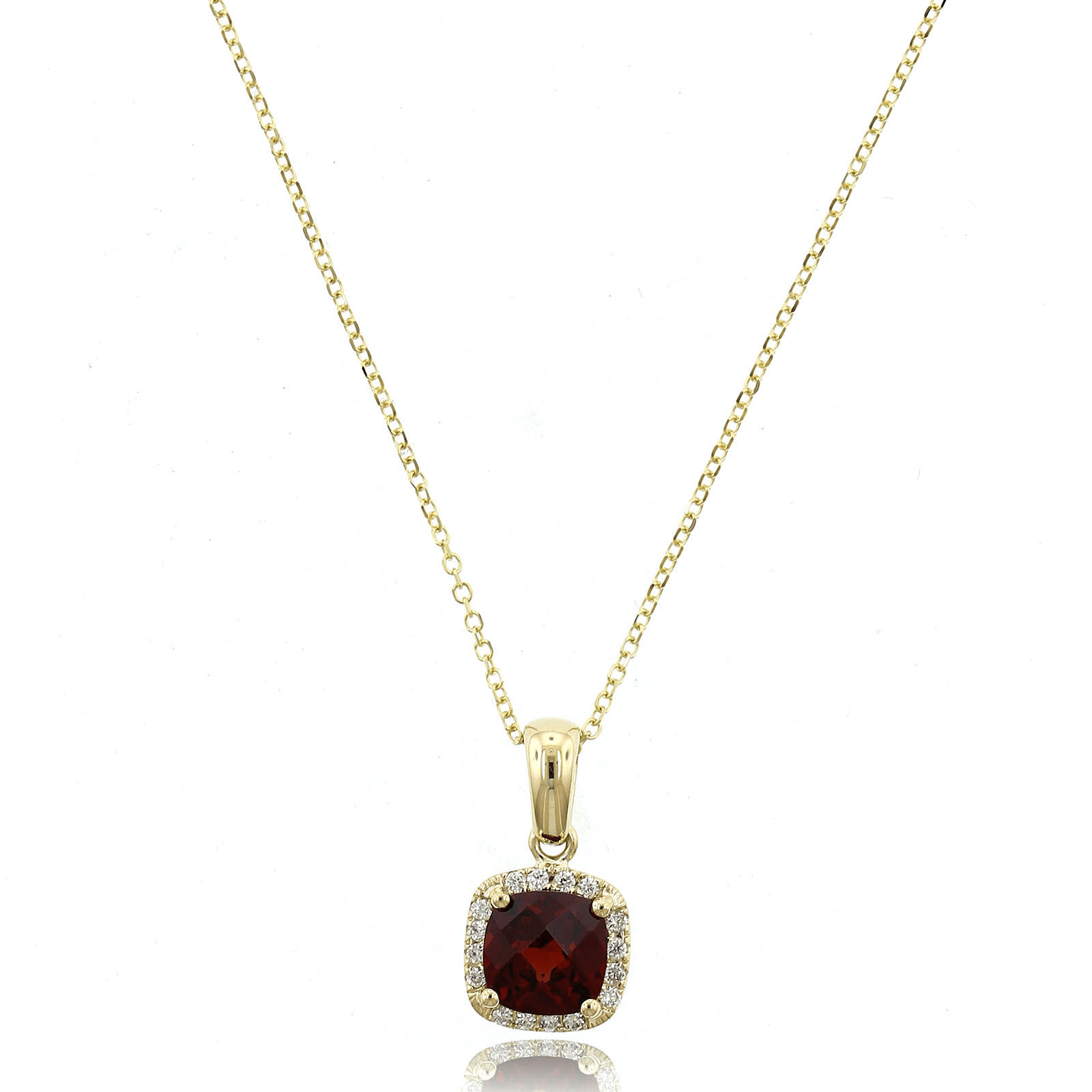 14K Yellow Gold Cushion Garnet Diamond Halo Necklace