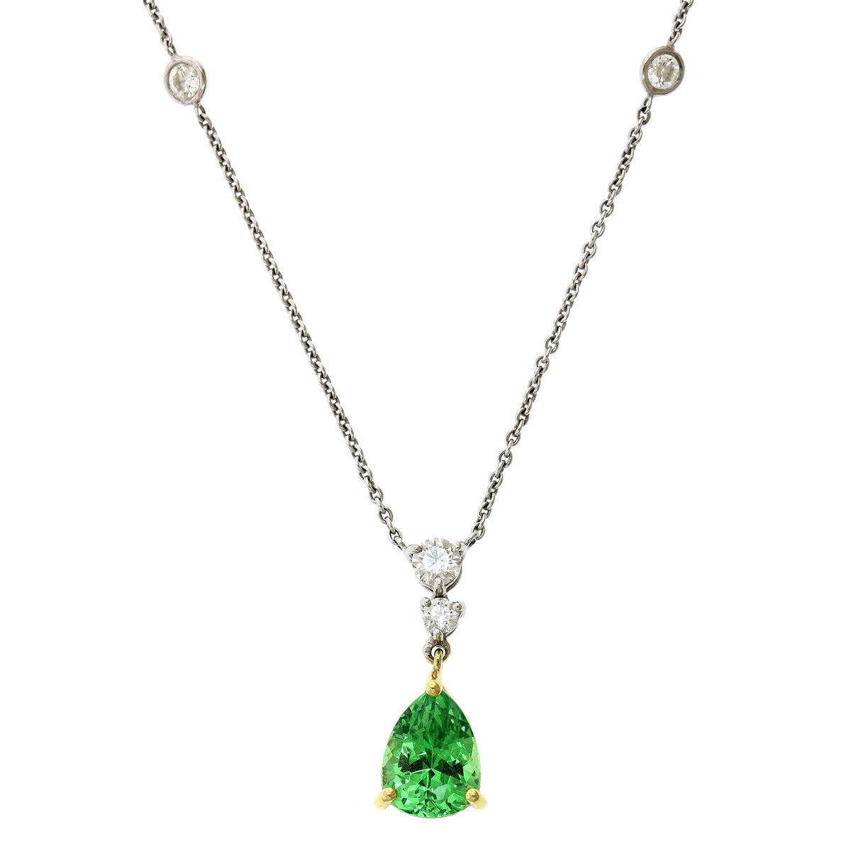 18K Two-Tone Pear Shape Tsavorite Diamond Necklace, 18k white and yellow gold Long's Jewelry