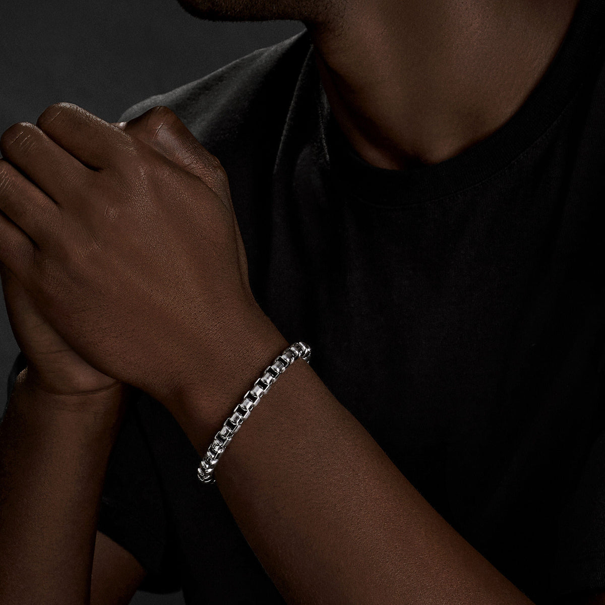 Box Chain Bracelet in Sterling Silver with Pavé Black Diamonds