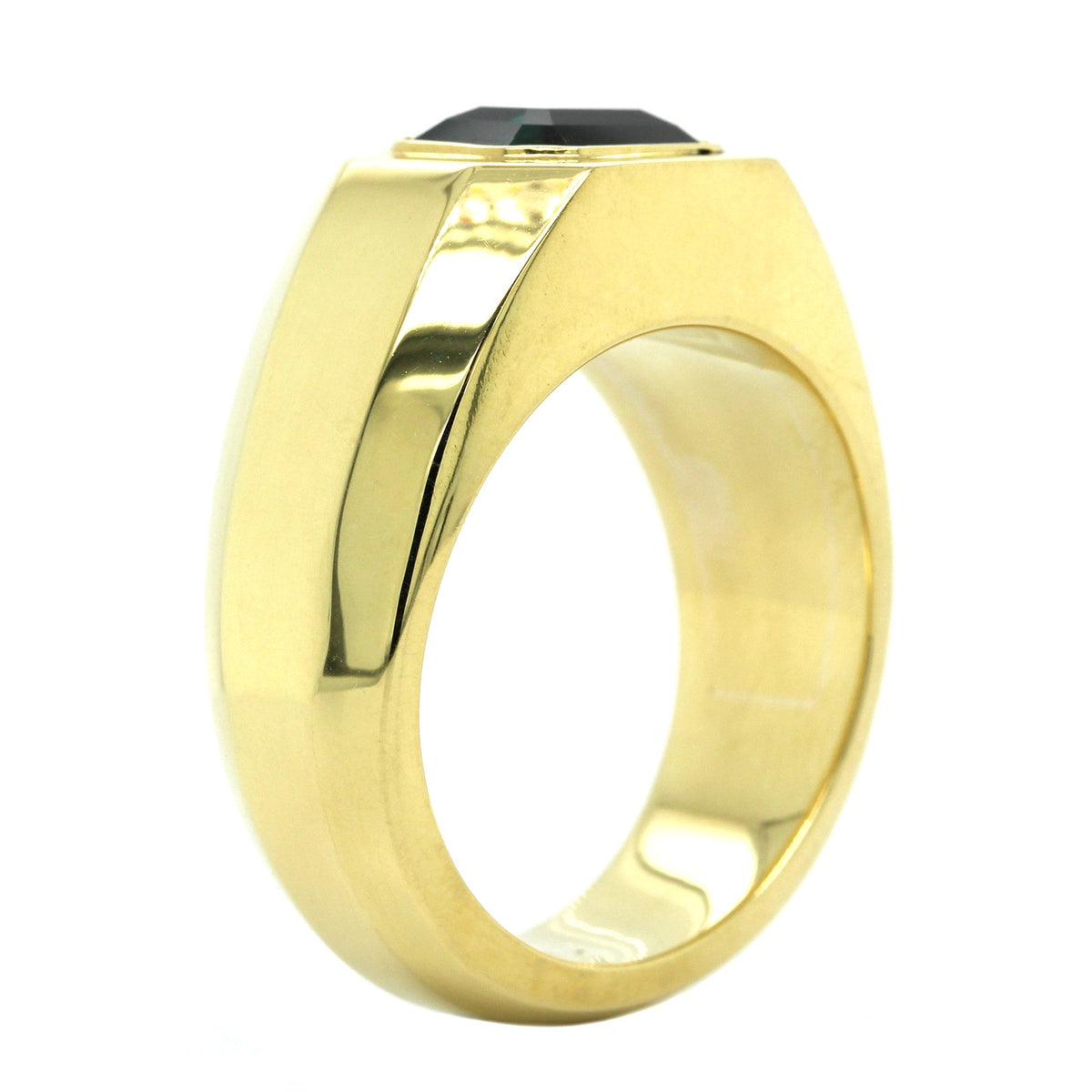 18K Yellow Gold Bezel Set Emerald Cut Teal Sapphire Ring, 18k yellow gold, Long's Jewelers
