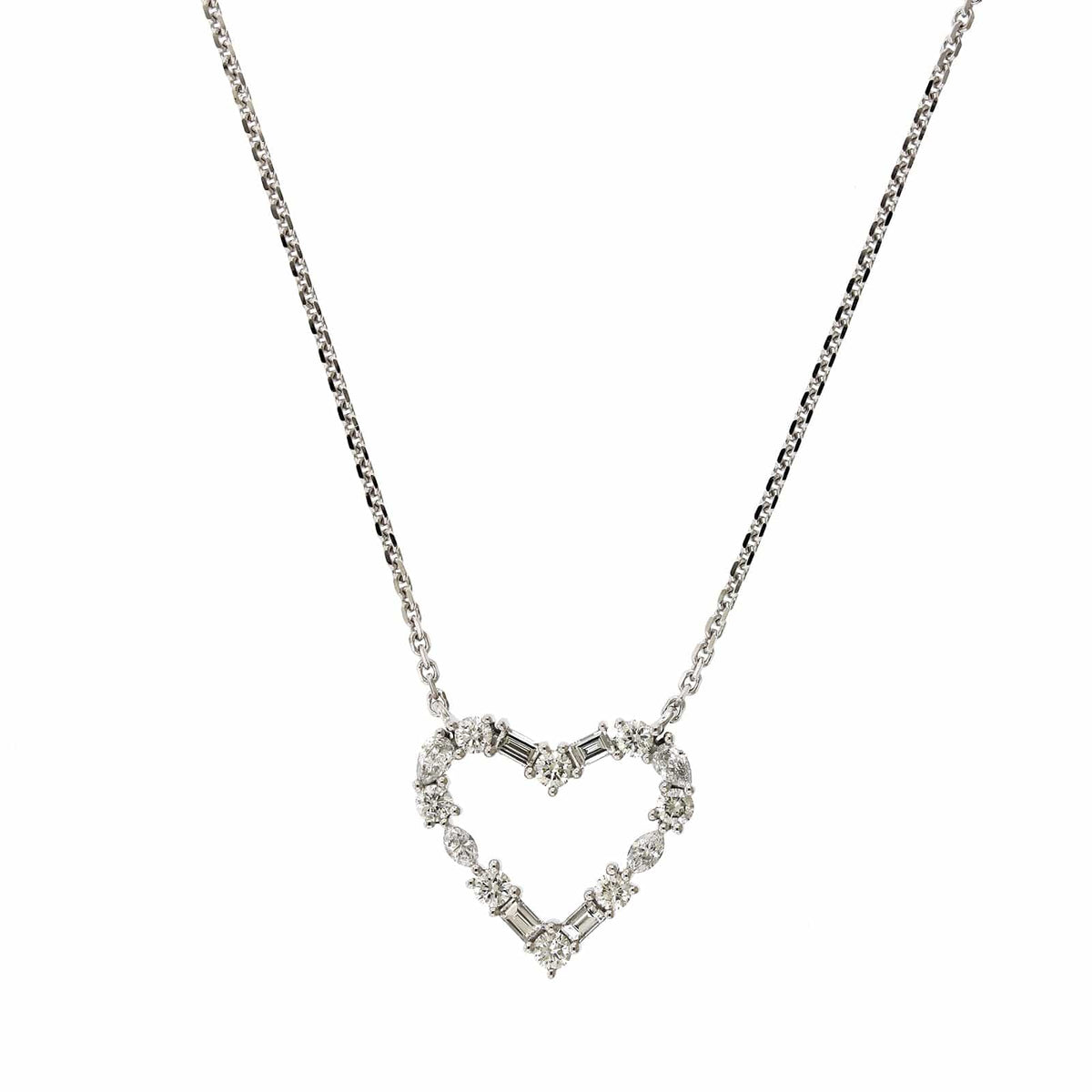 14K White Gold Multi Diamond Shape Heart Necklace