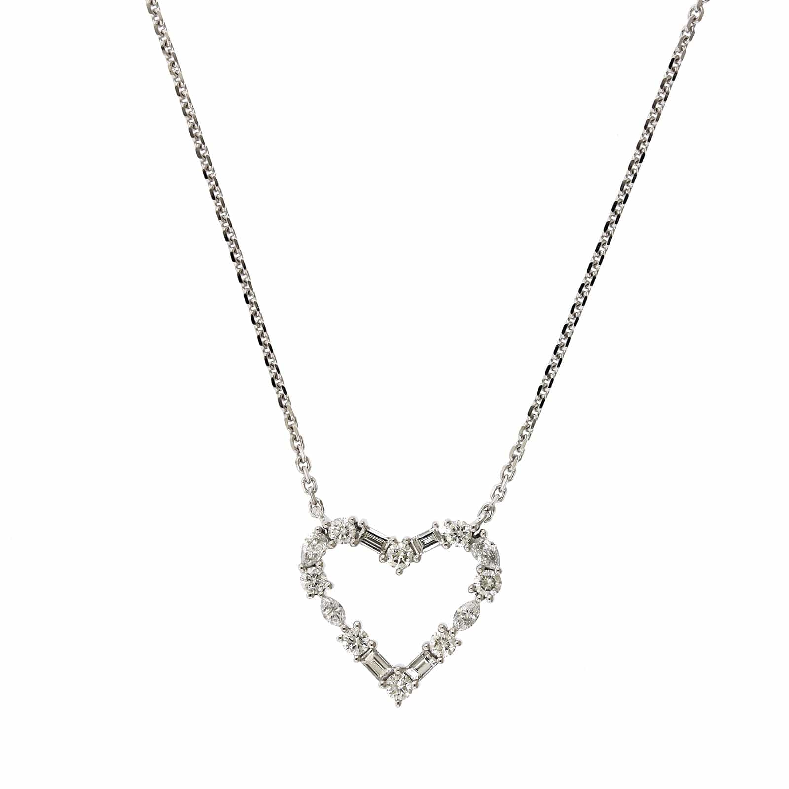 14K White Gold Multi Diamond Shape Heart Necklace