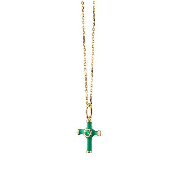 18K Yellow Gold Green Enamel and Emerald Cross Necklace