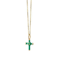 18K Yellow Gold Green Enamel and Emerald Cross Necklace