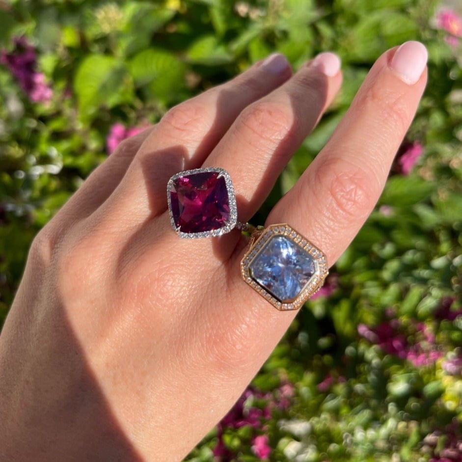 18K Rose Gold Light Blue Sapphire and Diamond Halo Ring