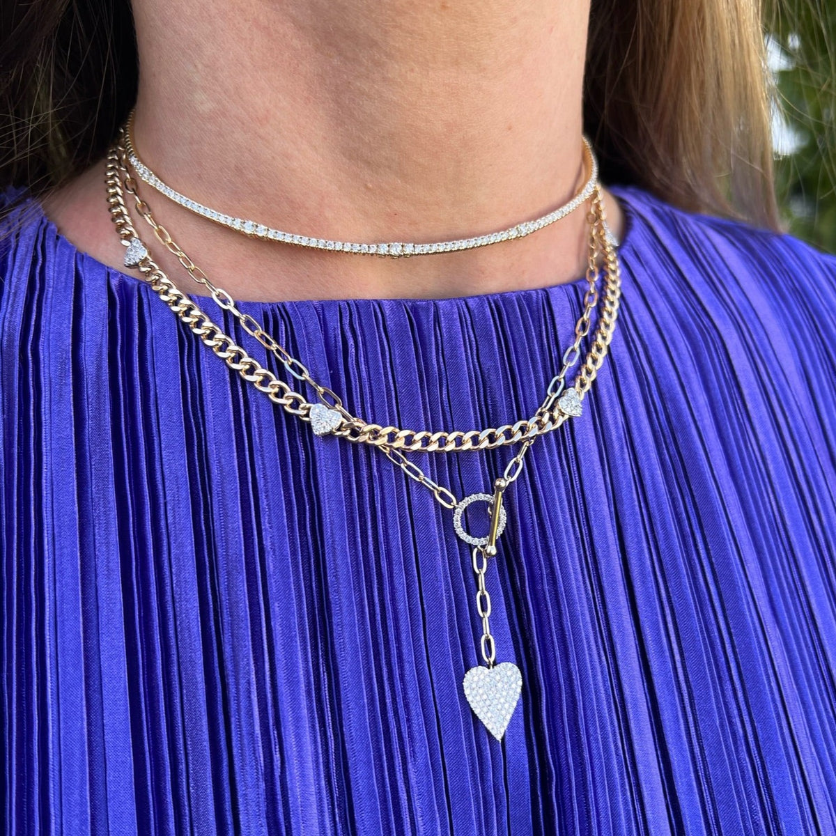 14K Yellow Gold Paperclip Lariat Diamond Heart Necklace