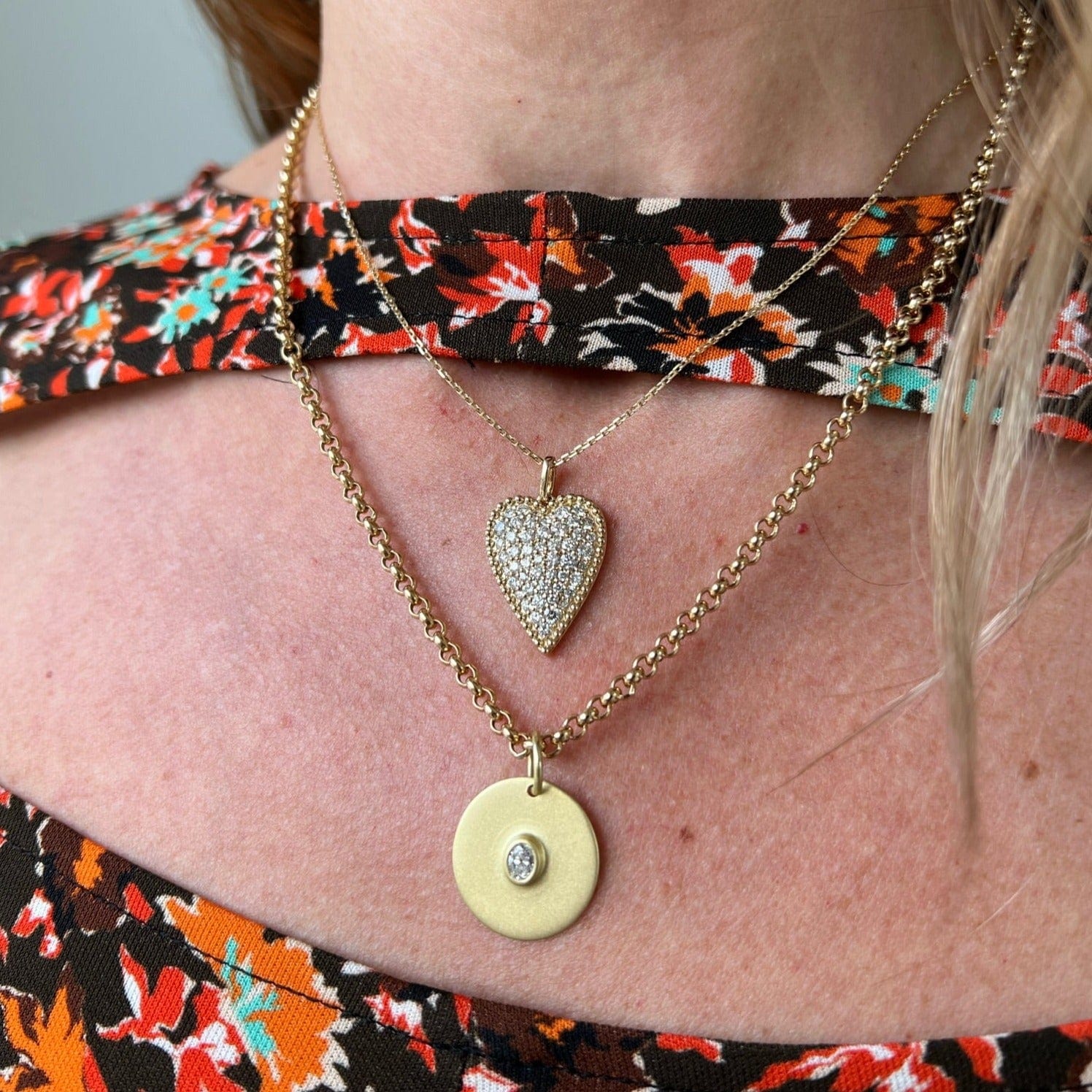 14K Yellow Gold Curb Link Pave Heart Pendant