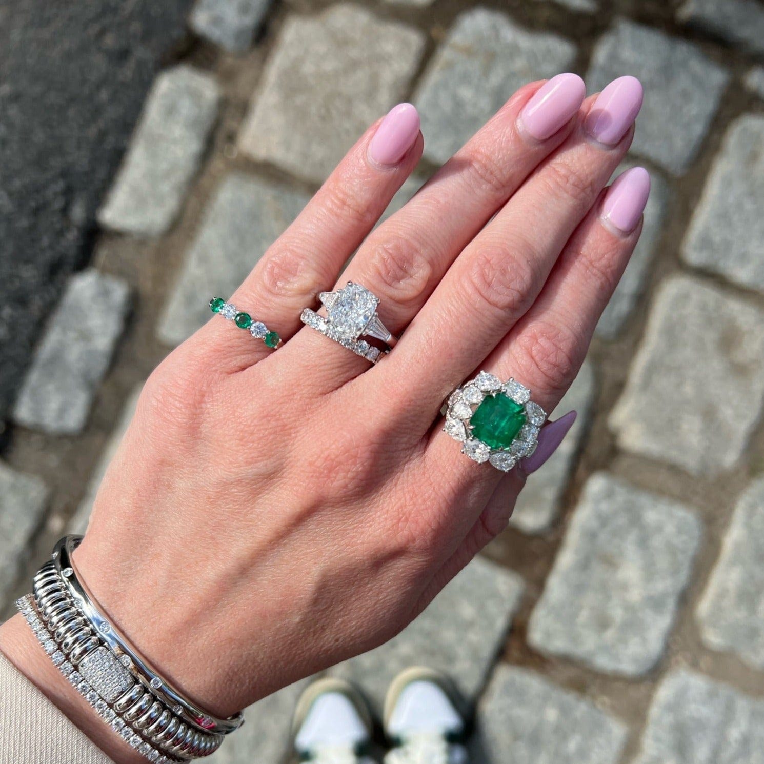18K White Gold Natural Emerald and Diamond Ring