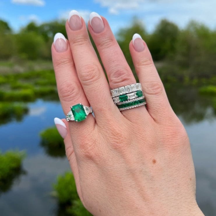 18K White Gold French Cut Emerald & Round Diamond Anniversary Band