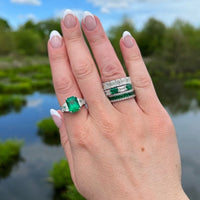 18K White Gold French Cut Emerald & Round Diamond Anniversary Band