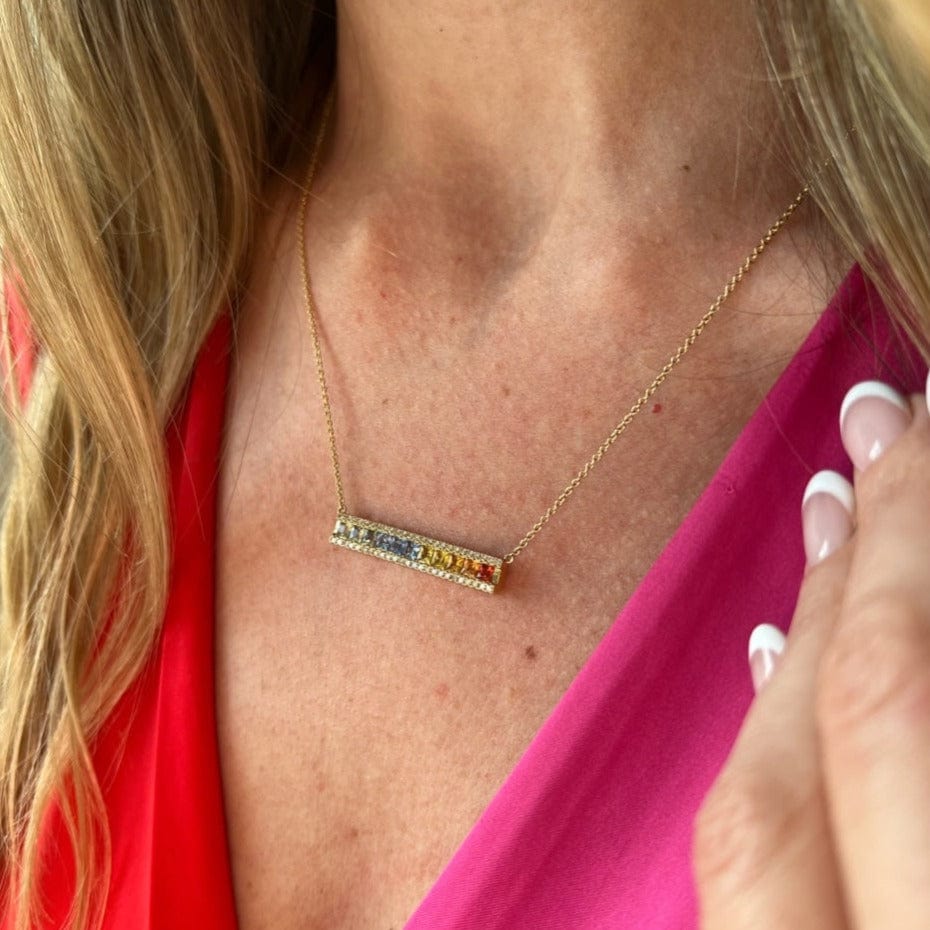 14K Yellow Gold Rainbow Sapphire Bar Necklace