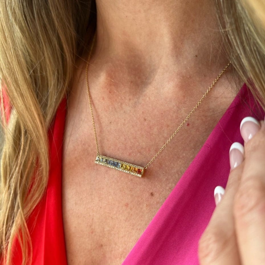 14K White Gold Rainbow Sapphire Bar Necklace
