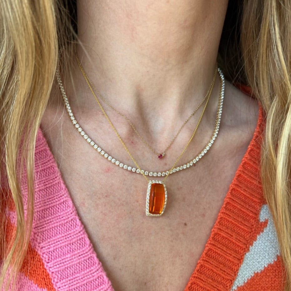 18K Yellow Gold Mexican Fire Opal Diamond Halo Necklace