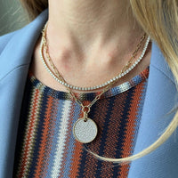 14K Yellow Gold Pave Diamond Disc Paperclip Necklace